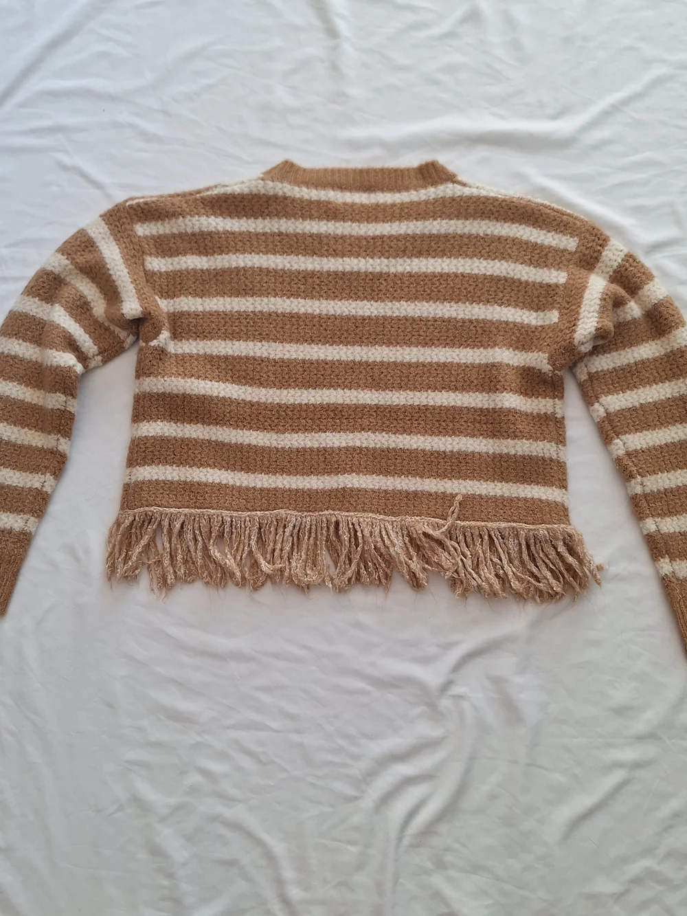 Dreamers By Debut Brown And White Crop Women's Sweater with Fringe Hem XS